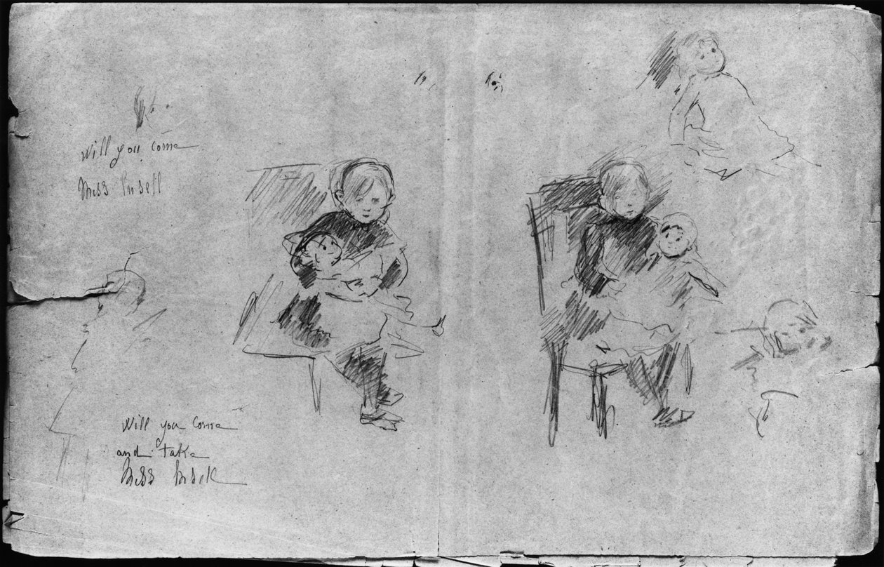 Tutkimuksia pikkutytölle nuken kanssa, 1884 (musta lyijy paperilla) tekijältä Berthe Morisot