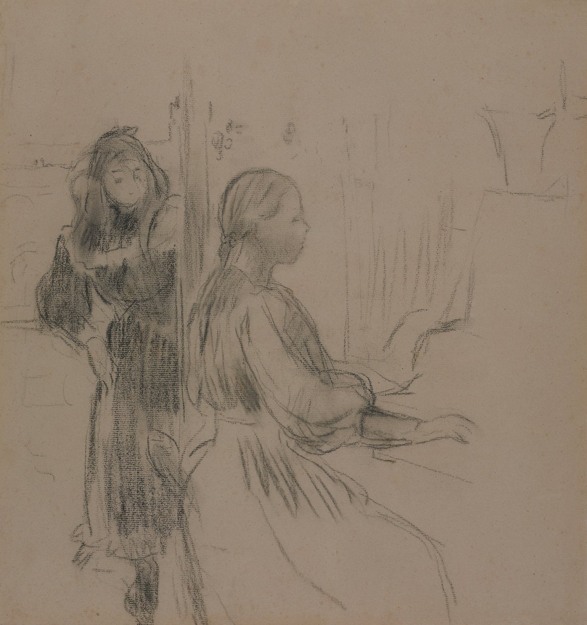 Tutkimus La Musiquelle, 1893 (hiili paperille) tekijältä Berthe Morisot