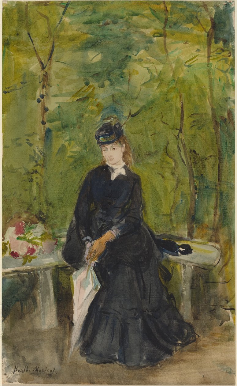 Taiteilijan sisar Edma istuu penkillä tekijältä Berthe Morisot