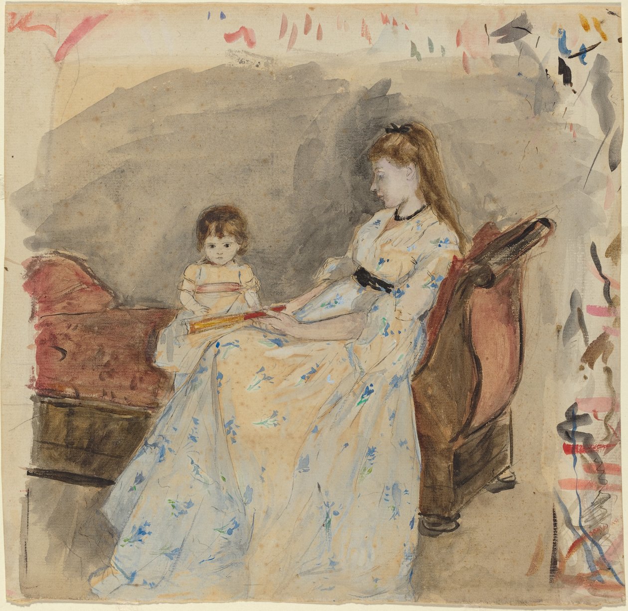 Taiteilijasisar Edma tyttärensä Jeannen kanssa, 1872 (wc grafiitin päällä paperille) tekijältä Berthe Morisot