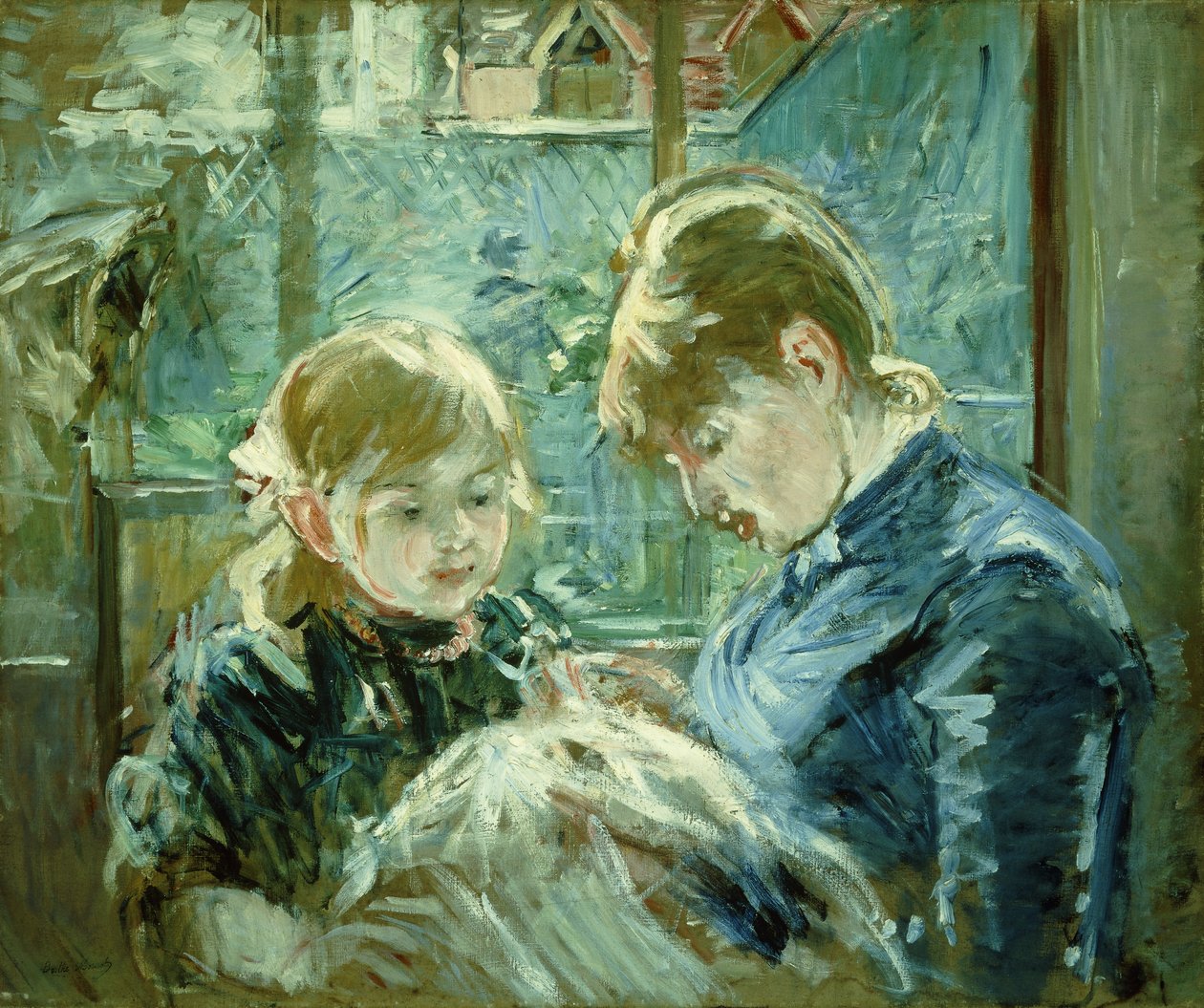 Pukeutumistunti; Lecon de Couture, 1884 tekijältä Berthe Morisot