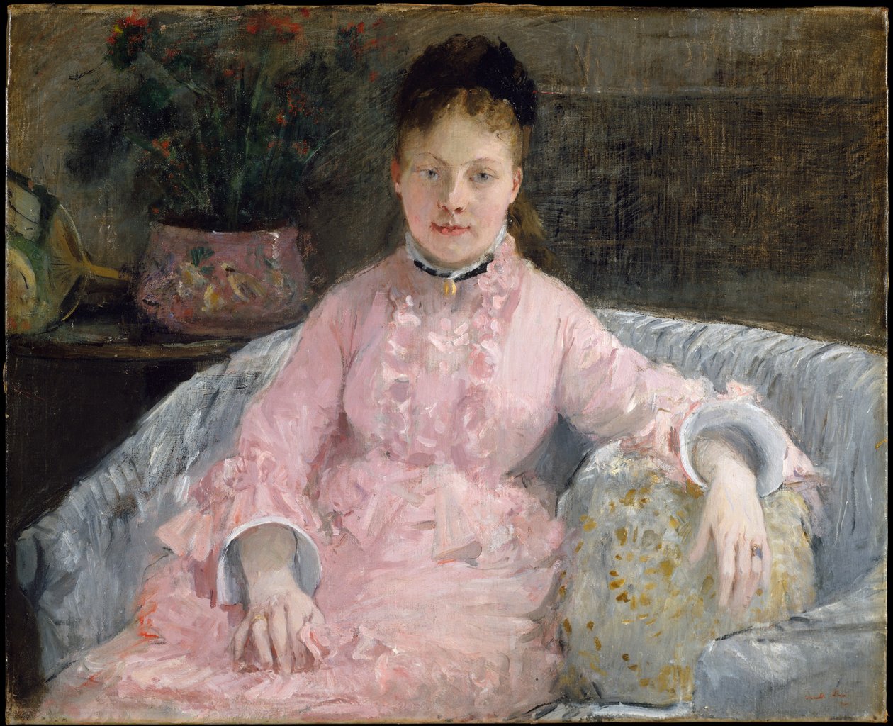 Vaaleanpunainen mekko (Albertie-Marguerite Carré, myöhemmin Madame Ferdinand-Henri Himmes, 1854–1935) tekijältä Berthe Morisot