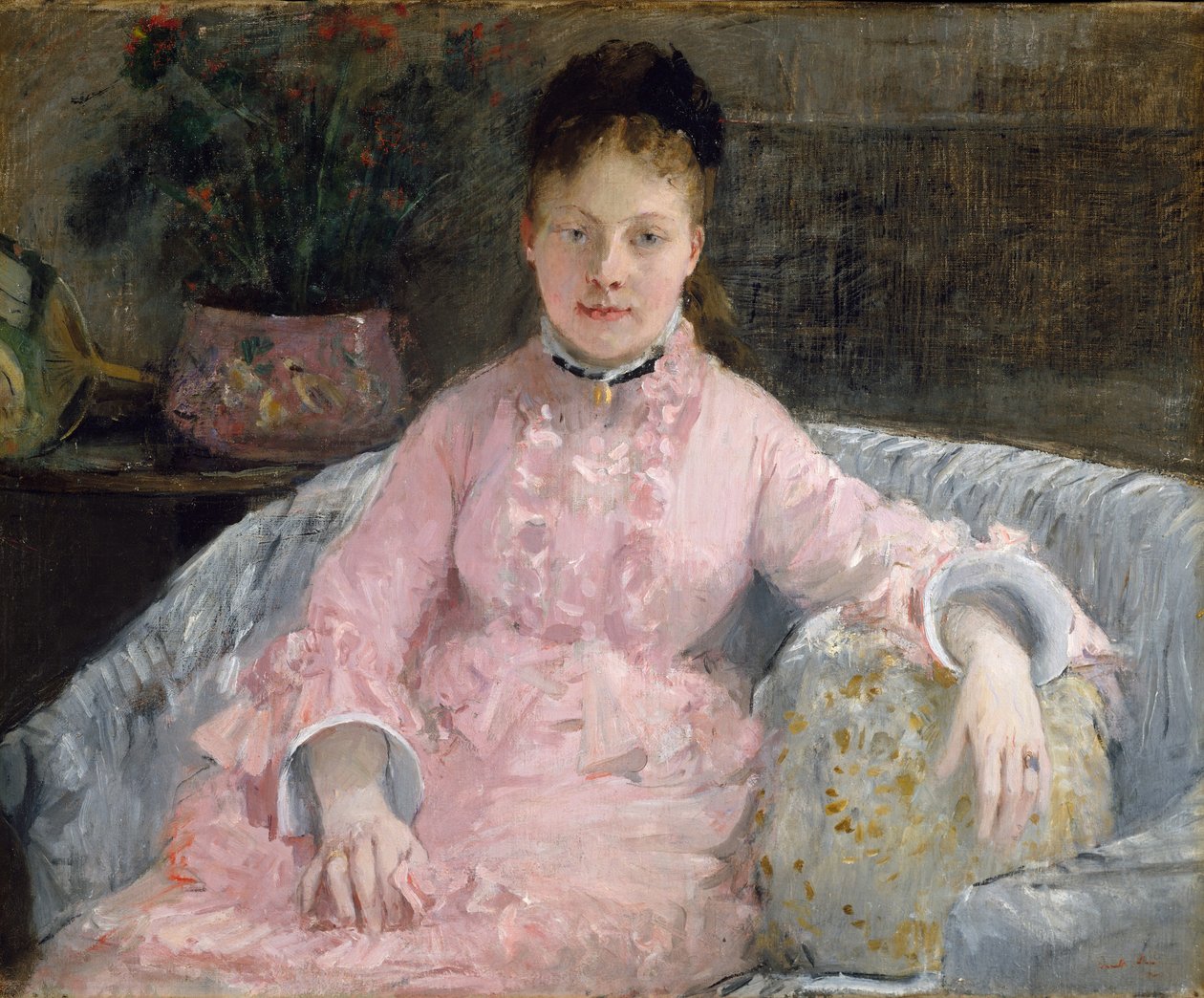 Vaaleanpunainen mekko, n. 1870 (öljy kankaalle) tekijältä Berthe Morisot