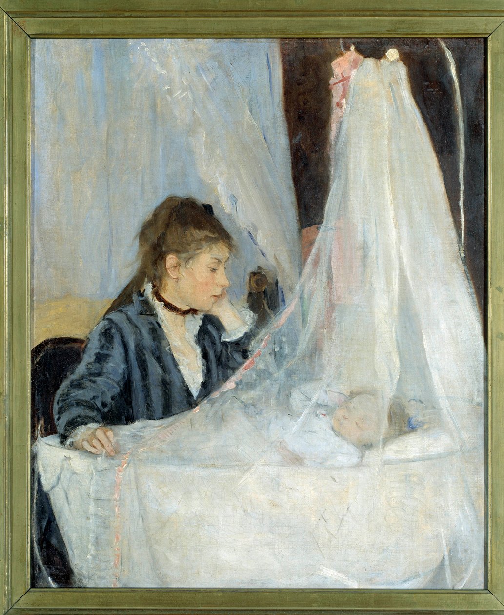 Kehto Kuvaus taiteilijan sisaresta Edmasta valvomassa tyttärensä unta, Blanche - Berthe Morisotin (1841-1895) maalaus 1872. Dim. 0,56 x 0,46 m - Pariisi, musee d