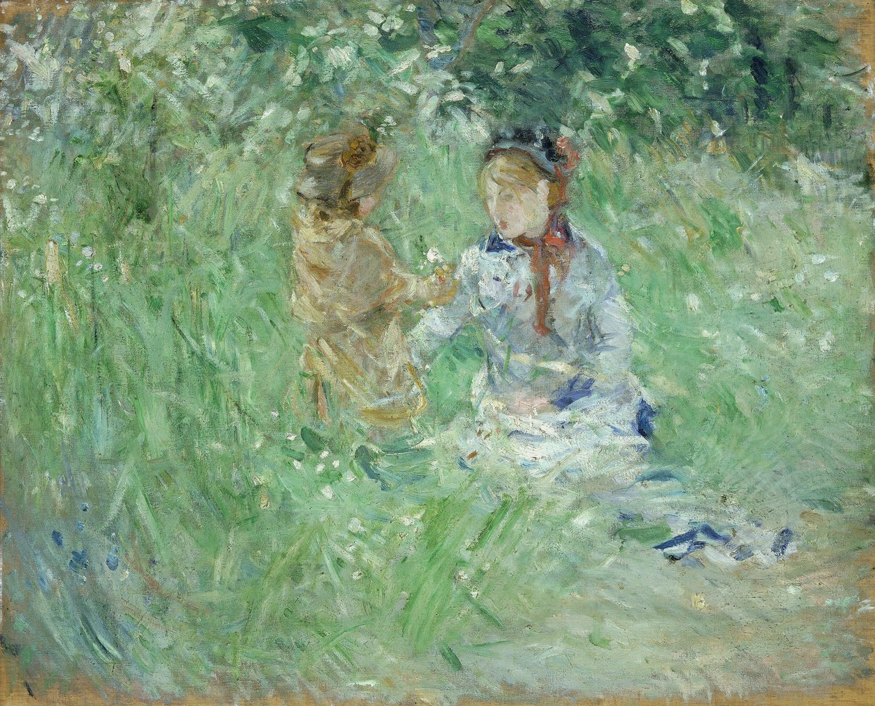Nainen ja lapsi niityllä Bougivalissa, 1882 tekijältä Berthe Morisot