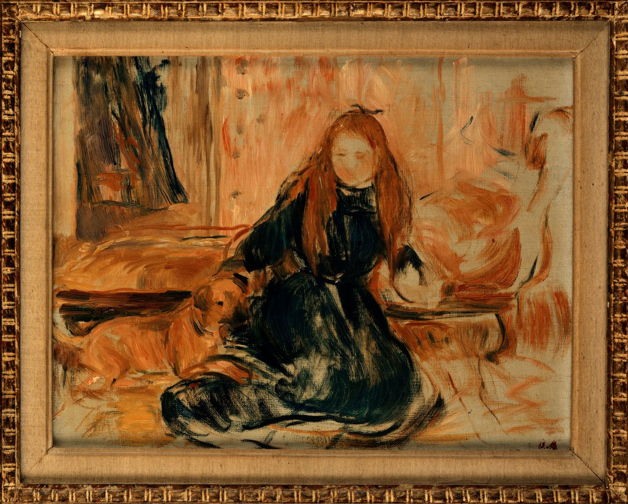 Nuori tyttö leikkii koiran kanssa, 1892 tekijältä Berthe Morisot