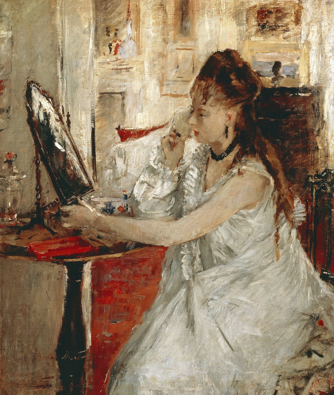 Nuori nainen puuterimassa kasvojaan (öljy kankaalle tekijältä Berthe Morisot