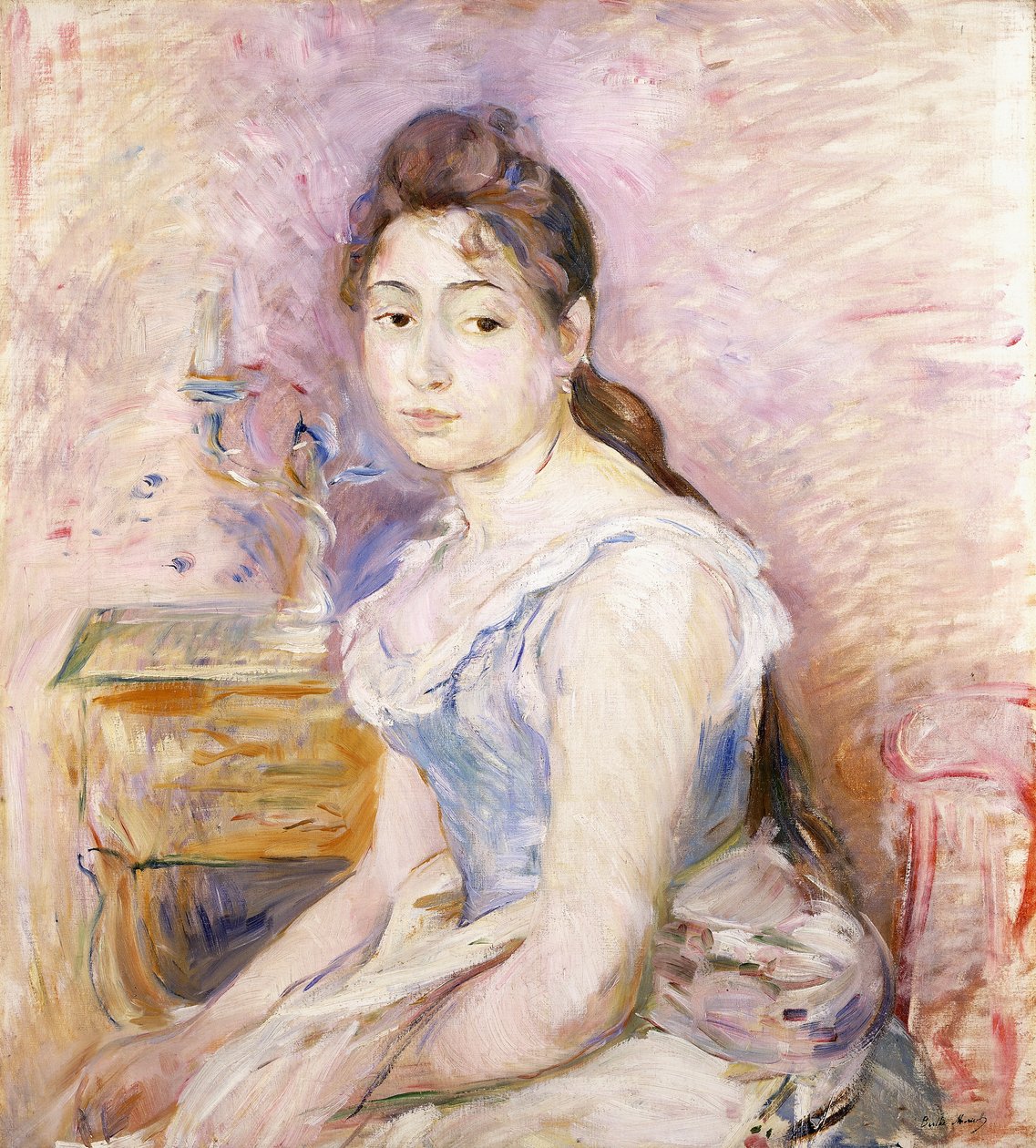 Nuori nainen sinisessä korsetissa; Nuori tyttö sinisessä korsetissa, 1891 tekijältä Berthe Morisot