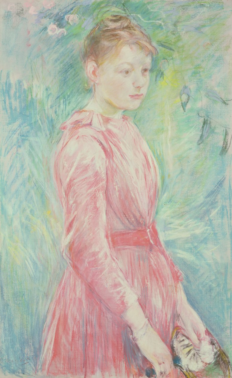 Nuori tyttö vaaleanpunaisessa puvussa (pastelli paperille) tekijältä Berthe Morisot