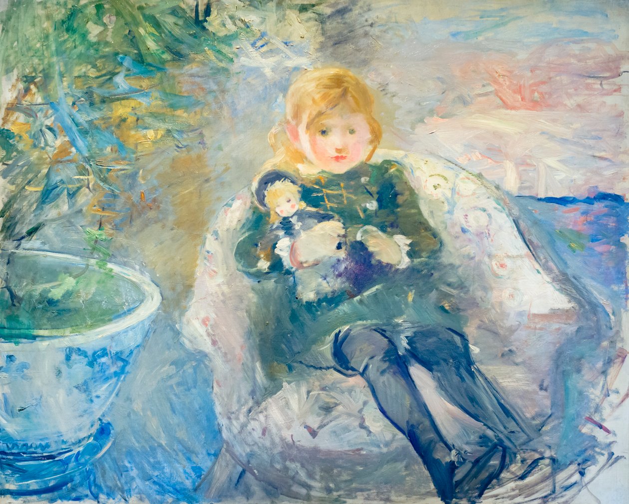 Nuori tyttö nuken kanssa, c. 1884 (öljy kankaalle) tekijältä Berthe Morisot