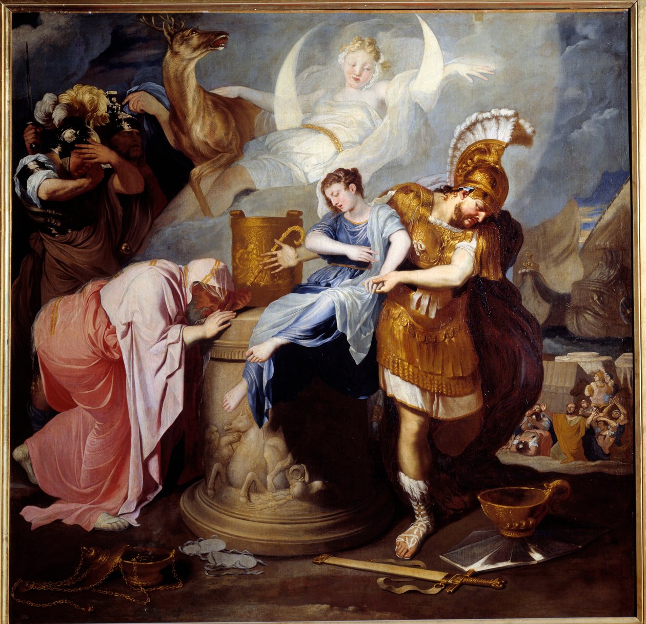 Iphigenien uhri kuningas Agamemnon uhraa tyttärensä lievittääkseen Artemiksen vihaa. Bertholet Flemallen (1614-1675) maalaus 1600-luvun su. 1,6x1,63 m tekijältä Bertholet Flemalle