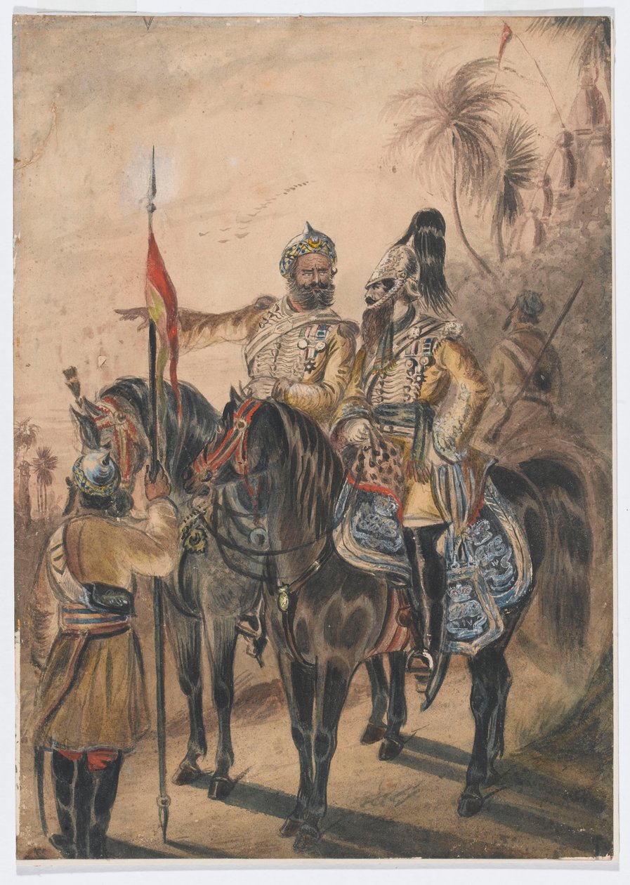 Kaksi ratsuupseeria ja ratsastettu sowar, 4. Bengalin epäsäännöllinen ratsuväki, n. 1850 (akvarelli) tekijältä Bethune Donald Grant
