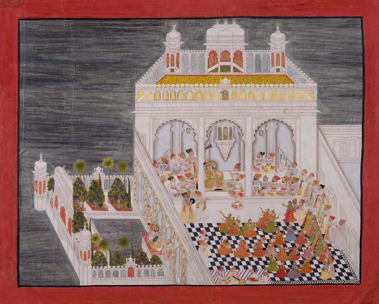 Maharana Ari Singh hovimiesten kanssa viihdyttämässä Jagniwasin vesipalatsia, päivätty 1767. tekijältä Bhima