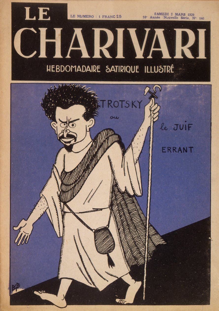 Karikatyyri Leon Trotskysta (1879-1940) vaeltavana juutalaisena, Le Charivari -lehden etukansi, maaliskuu 1929 (värilitho) tekijältä Bib