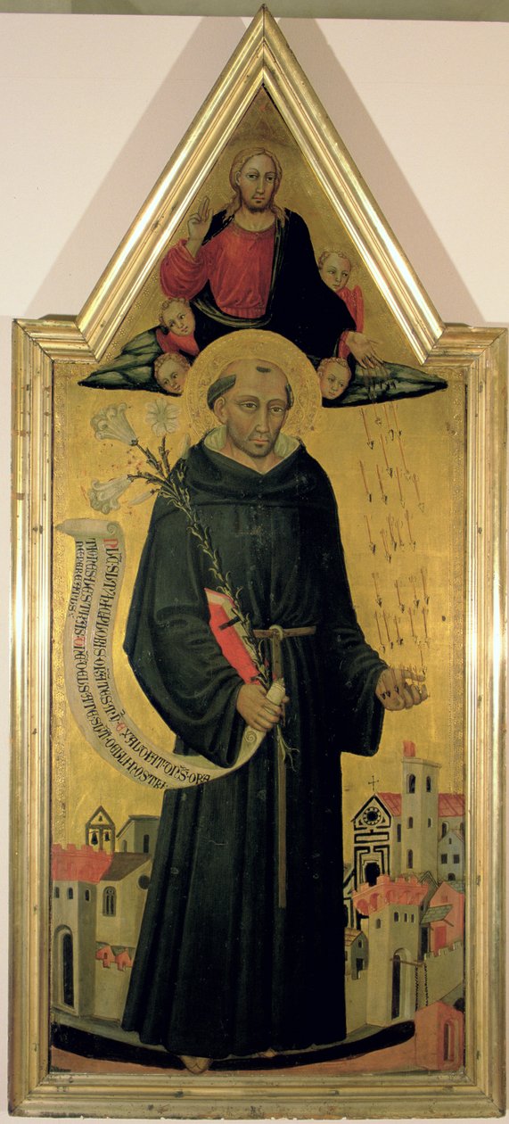 Pyhä Nikolaus Tolentinon (n.1246-1305) Empolin suojeleminen ruttoa vastaan, 1445 (tempera ja kultaus paneelilla). tekijältä Bicci di Lorenzo