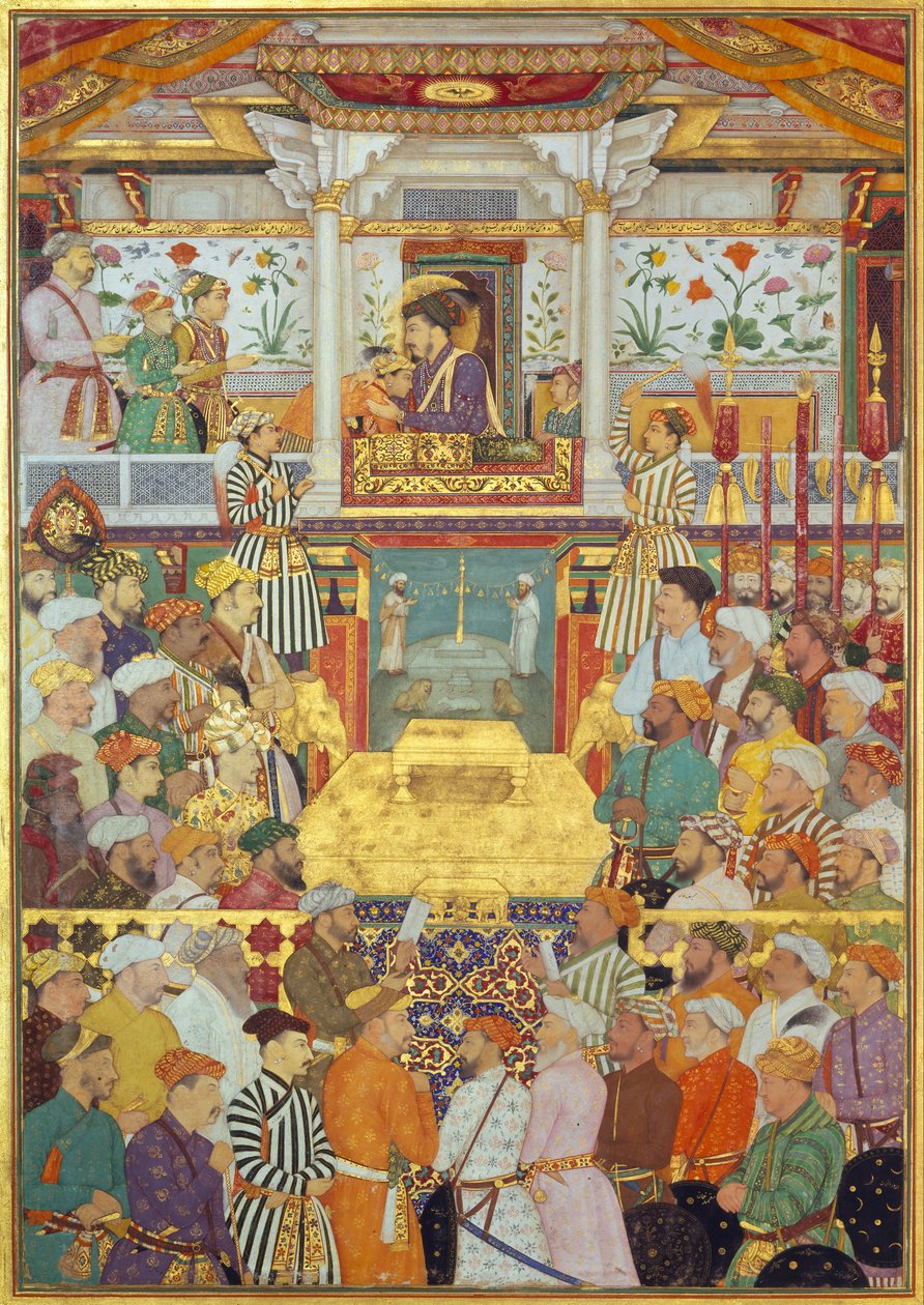 Padshahnama-levy 10: Shah-Jahan vastaanottaa kolme vanhinta poikaansa ja Asaf Khanin liittymisseremonioiden aikana (8. maaliskuuta 1628) tekijältä Bichitr