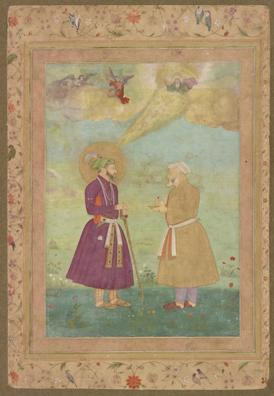 Shah Jahan ja Asaf Khan edesmenneestä Shah Jahan -albumista, irrotettu käsikirjoitusfolio, n. 1640 (läpinäkymätön akvarelli, mustetta ja kultaa kartongille kiinnitetyllä paperilla) tekijältä Bichitr Bichitr