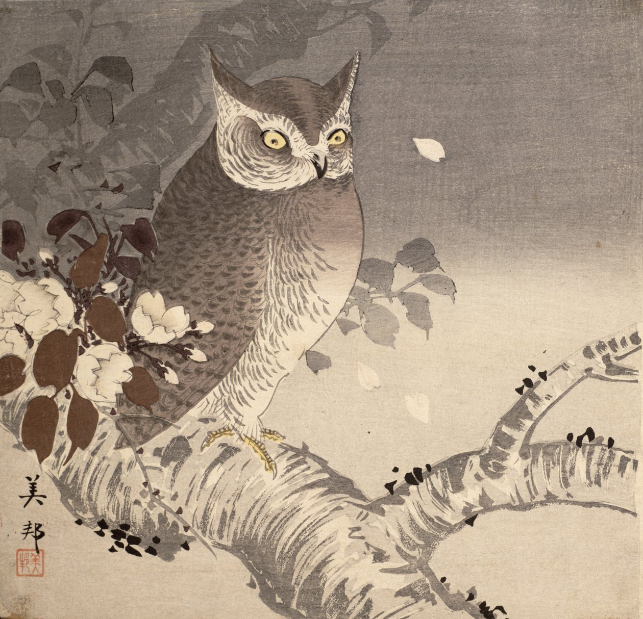 Pöllö puun oksalla tekijältä Biho Takashi or Takahashi (b. 1873. fl 1890 1930)