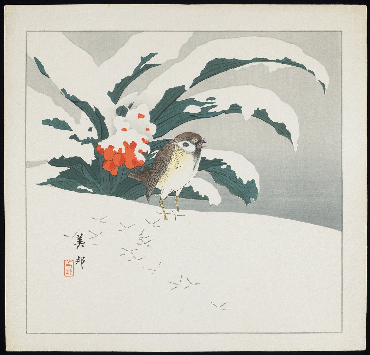 Lintu lumessa, 1900-luvun alku tekijältä Biho Takashi or Takahashi (b. 1873. fl 1890 1930)