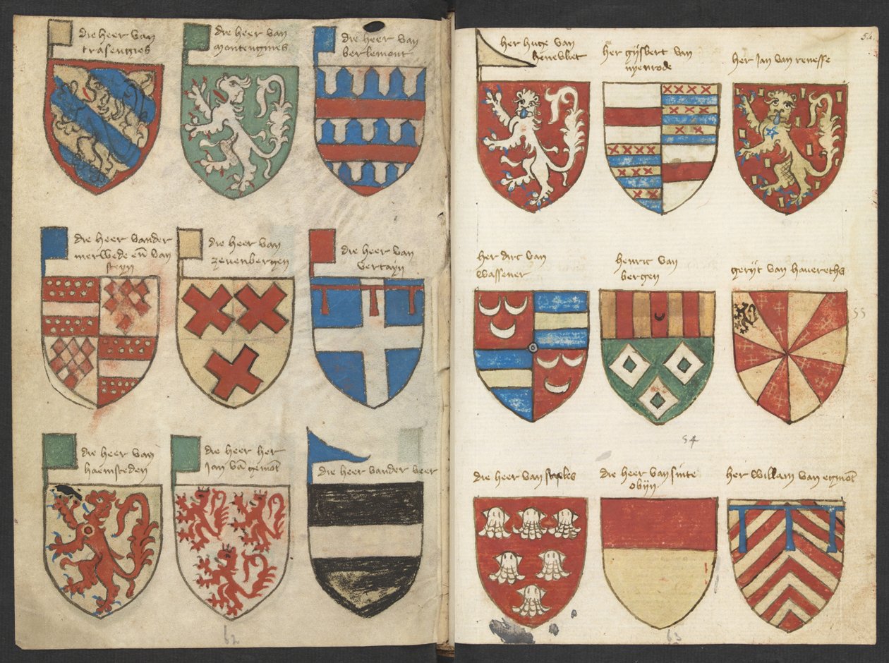 Wapenboek Beyeren (armorial) - KB79K21 - folios 053v (vasen) ja 054r (oikea) tekijältä Binder