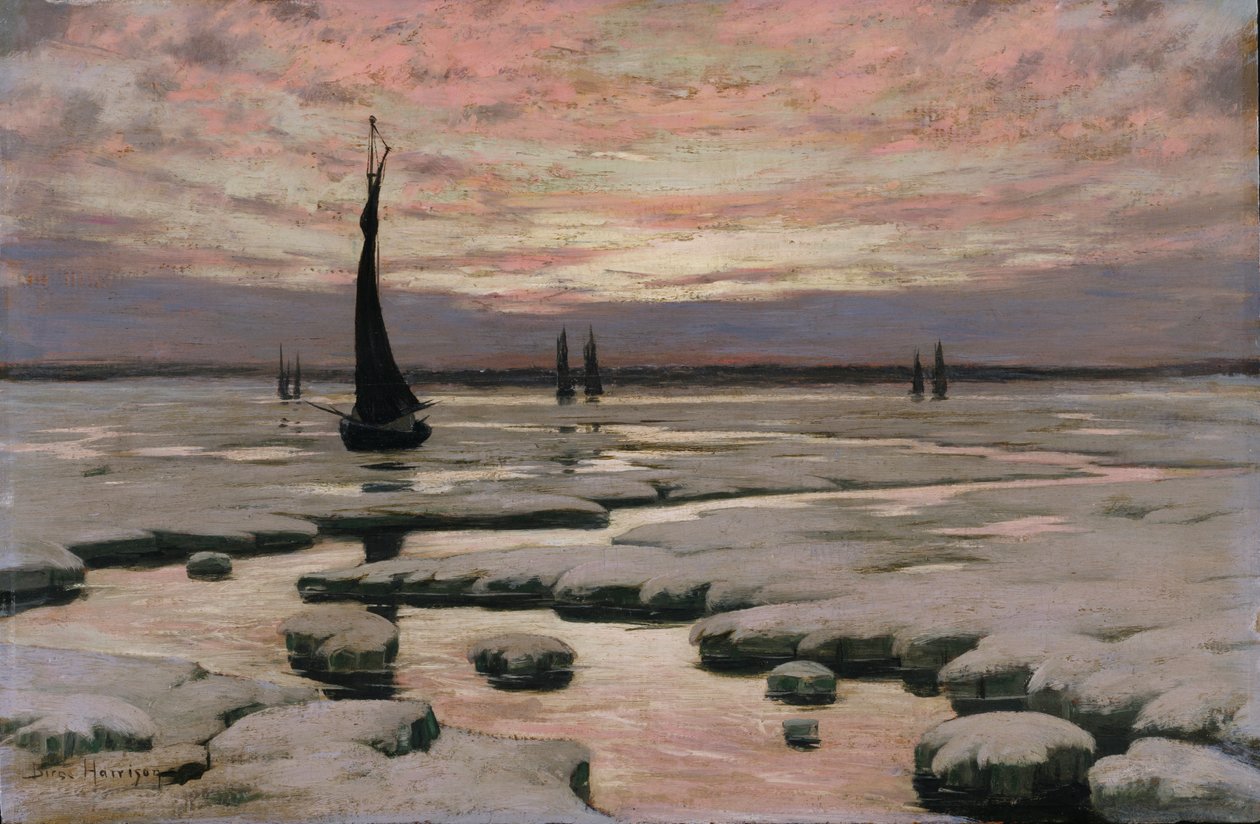 Talvi auringonlasku, n. 1890. tekijältä Birge Harrison