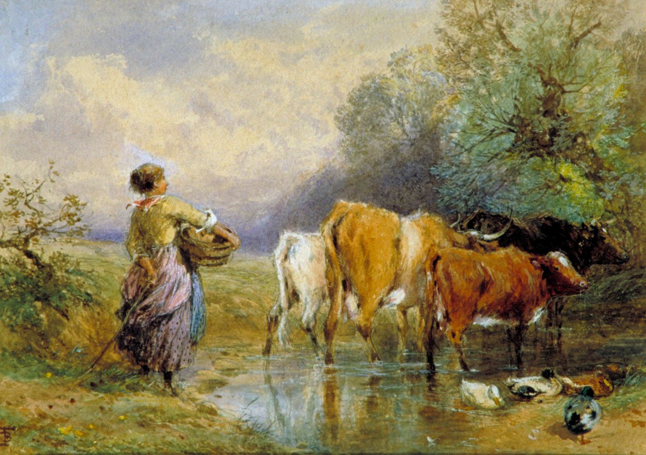 "Tyttö ajamassa karjaa puron poikki", 1800-luku. tekijältä Birket Foster