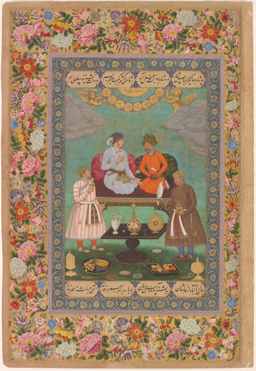 Jahangir viihdyttää Shah Abbasia Pietarin albumista, noin 1620 (akvarelli, kulta, muste paperille). tekijältä Bishandas