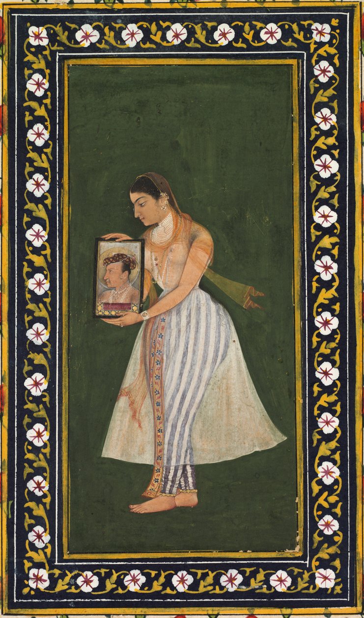 Nur Jahan, kädessään muotokuva keisari Jahangirista, n. 1627. tekijältä Bishandas