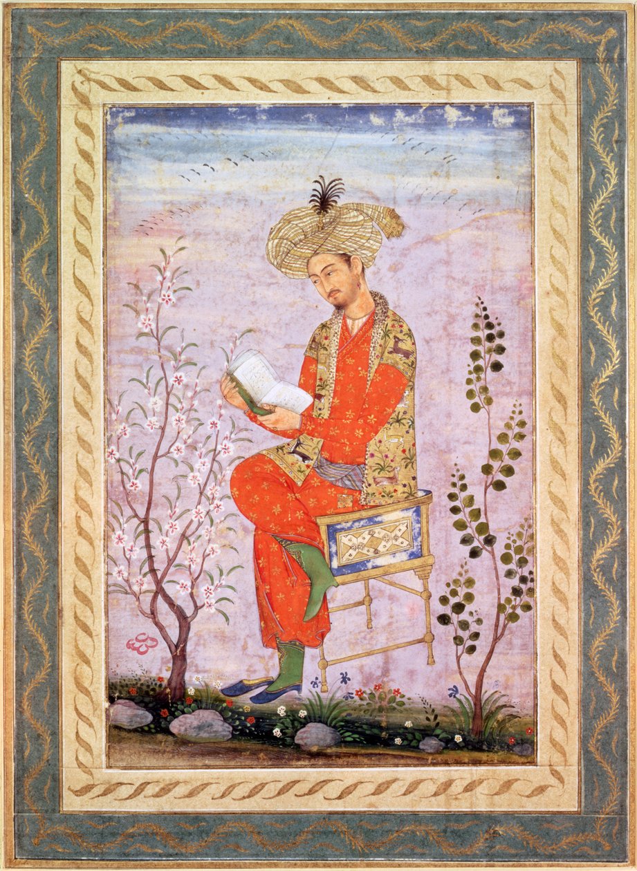 Babur (r.1526-30) Reading, Mughal (akvarelli paperille) tekijältä Bishn Das