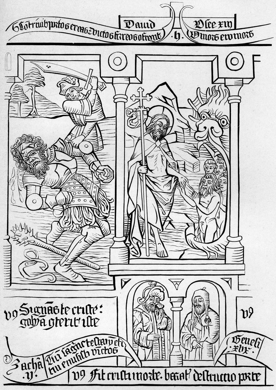 Fragmenttifaksimile Köyhien Raamatun sivulta 28, 1849. tekijältä Bisson and Cottard