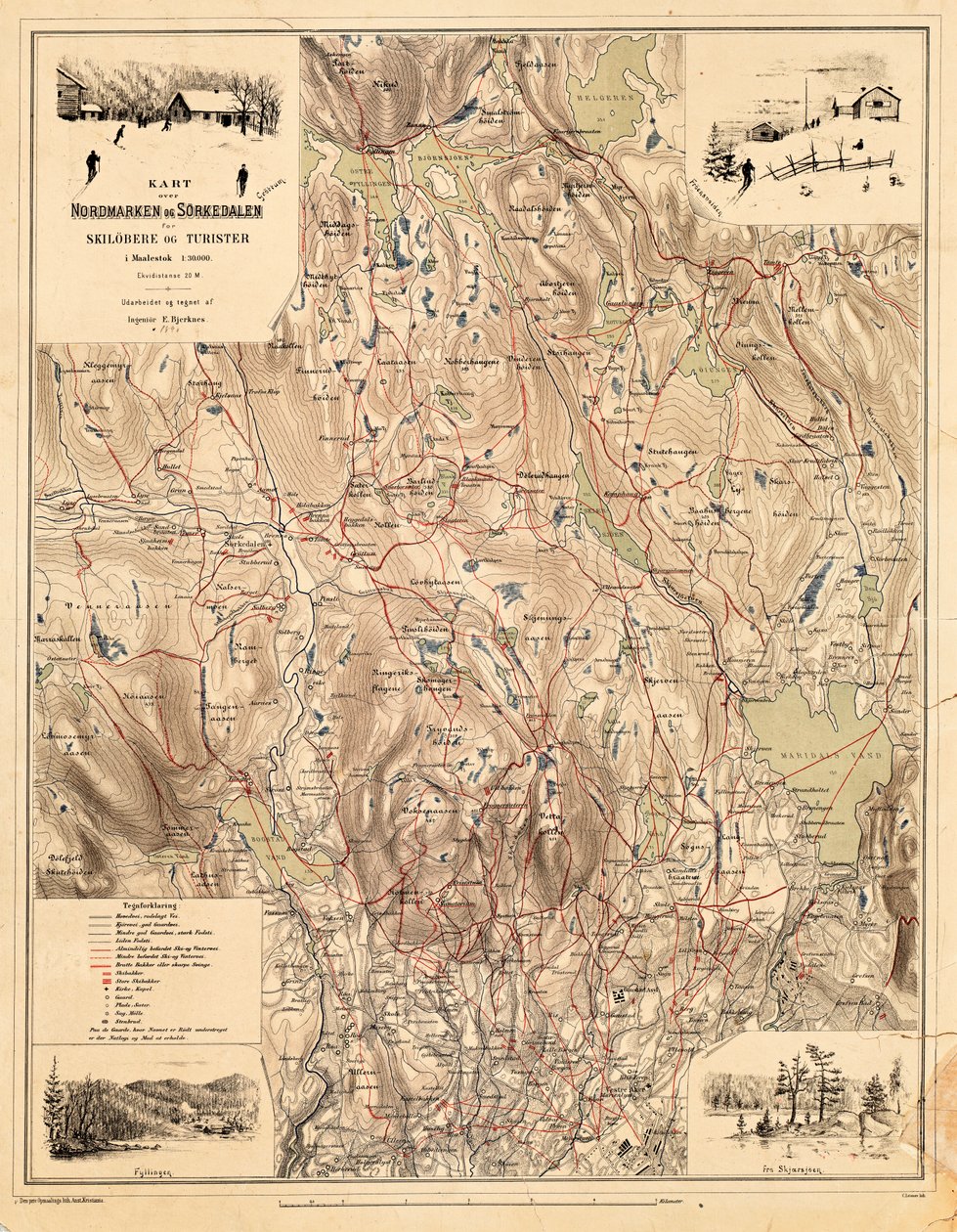 Kartta Nasjonalbibliotekets kartsamling. Kartta er gitt ut i (1890) ja vierailija Nordmarka, Sørkedalen tekijältä Bjerknes