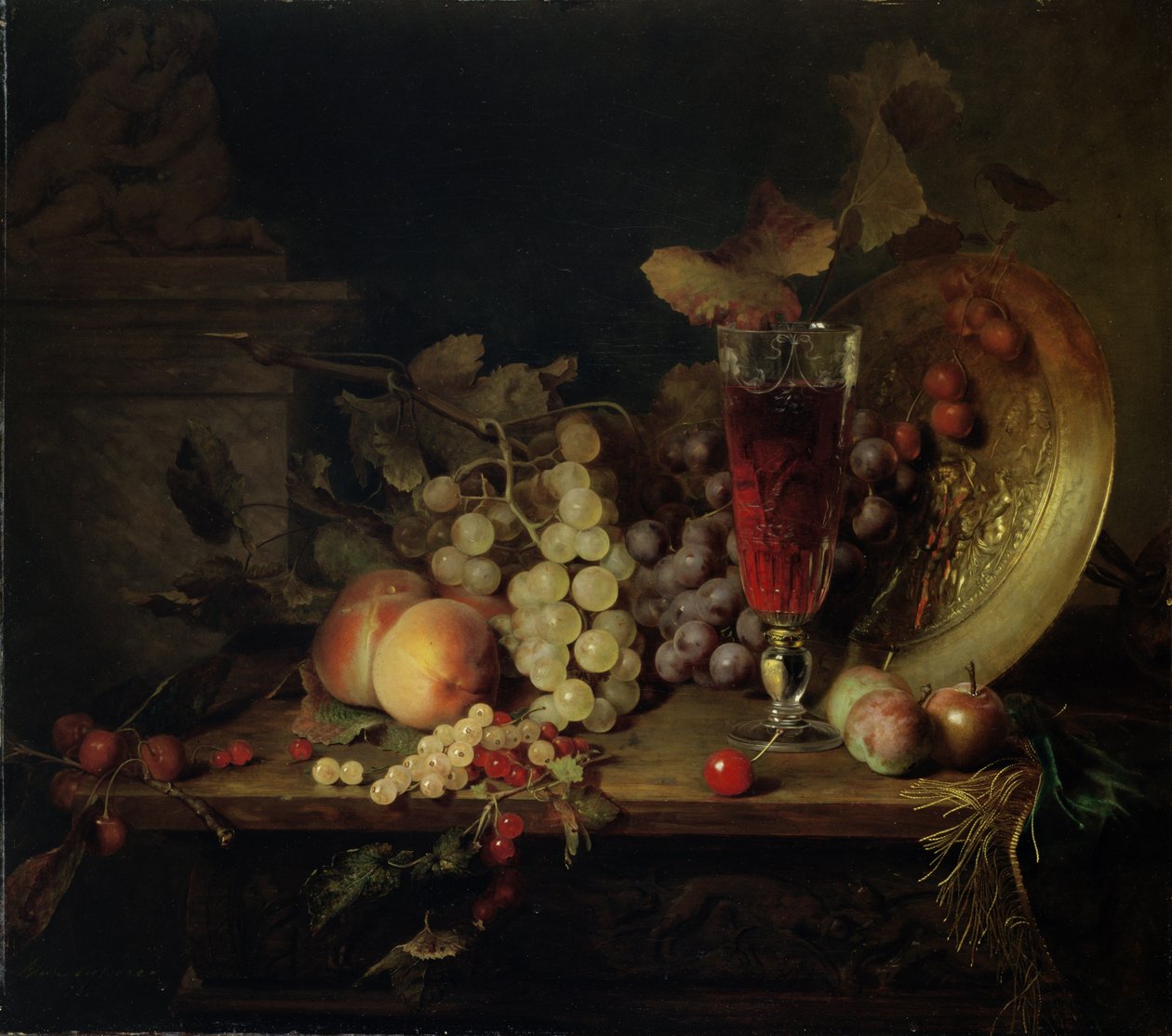 Asetelma hedelmien kanssa, Lasillinen viiniä, 1863 tekijältä Blaise Alexandre Desgoffe
