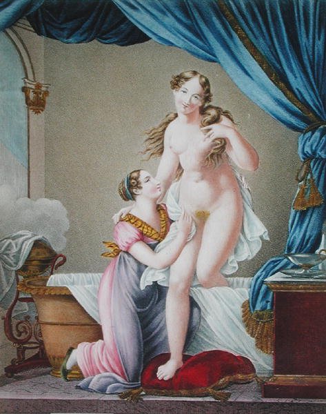 Nainen nousemassa kylpyltään palvelijattaren avustamana, n. 1820 (värikaiverrus) tekijältä Blaizot (after)