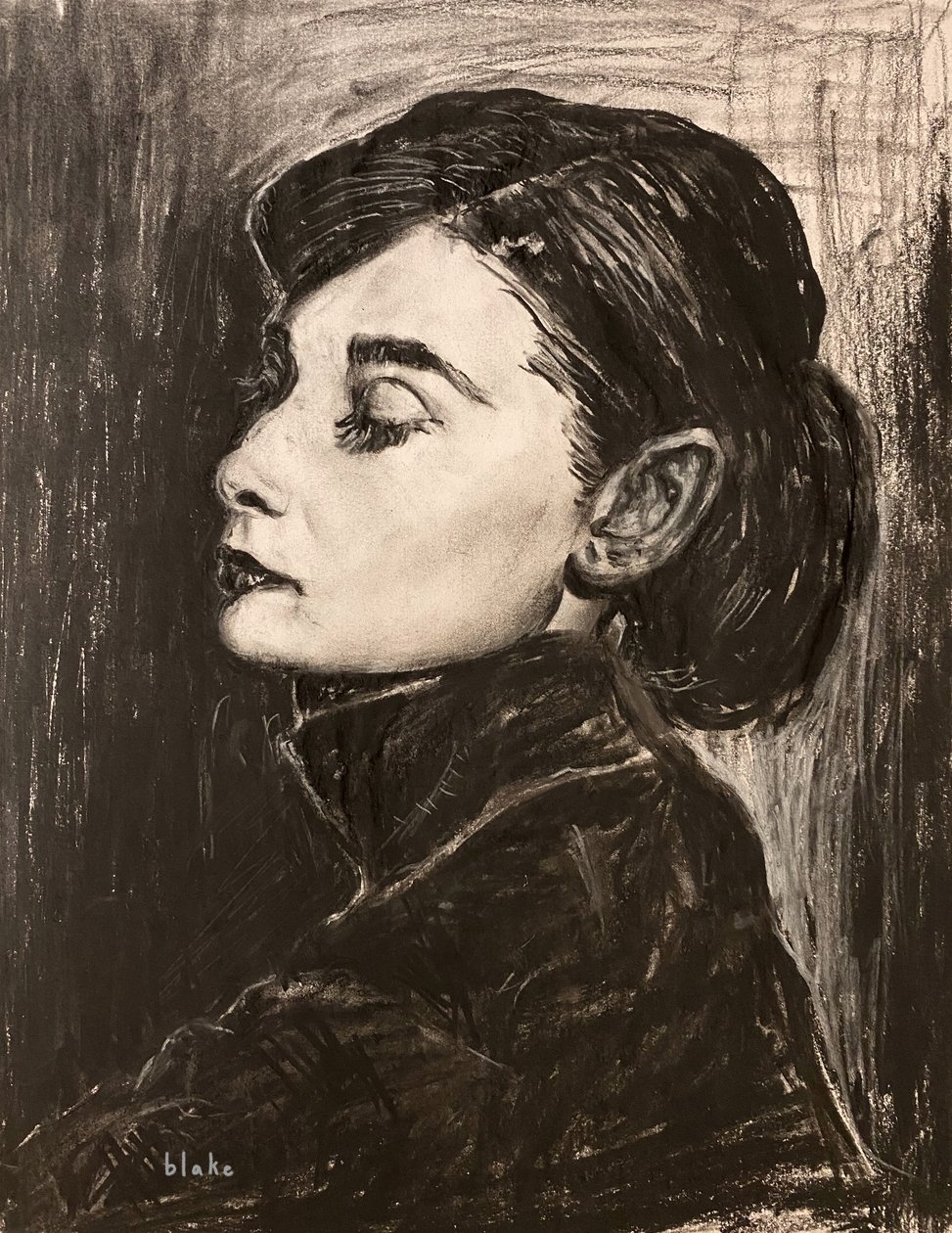 Audrey Hepburn, c.2021 (carvão sobre papel)finlandês tekijältä Blake Munch