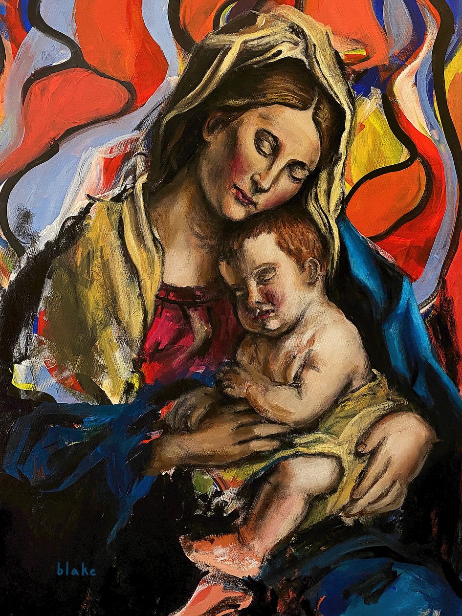 Madonna ja lapsi, n. 2020 (akryyli kankaalle) tekijältä Blake Munch