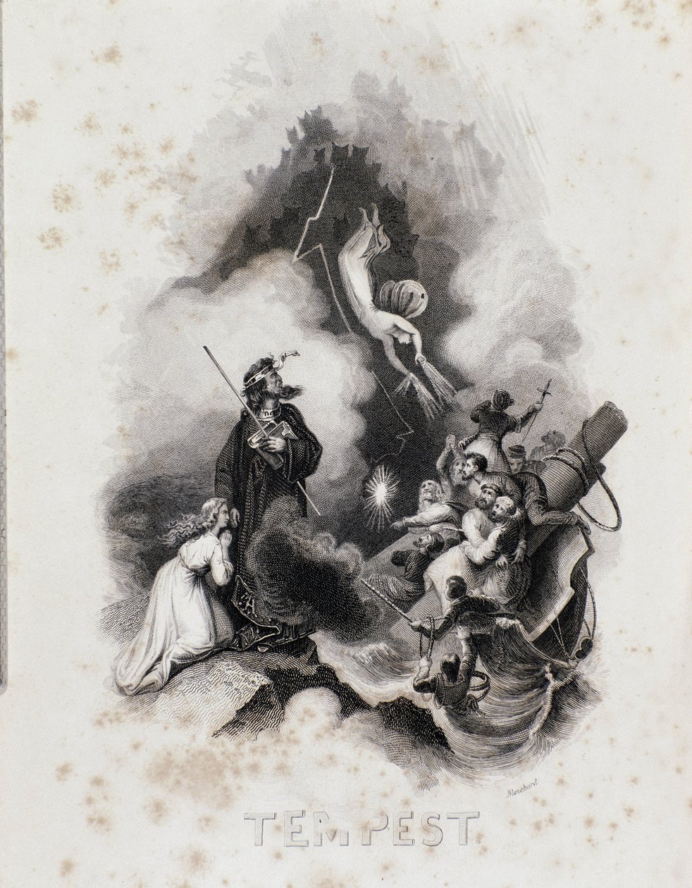 Blanchardin kaiverrus William Shakespearen Myrskyn ensimmäiseen näytökseen (kaiverrus tekijältä Blanchard Blanchard