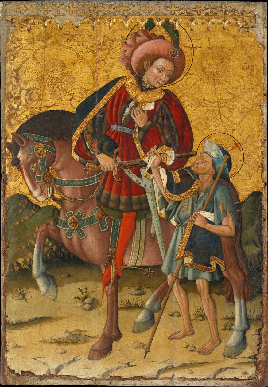 Saint Martin of Tours (tai The Misericordious) (316-397), leikkaamassa takkinsa pois jakaakseen sen köyhän miehen kanssa - Blasco de Granenin (?-1459) maalaus, tempera puulle (153,5x106 cm), noin 1440 - Saint Martin jakamassa viittaansa, Tempera paneelissa tekijältä Blasco de Granen