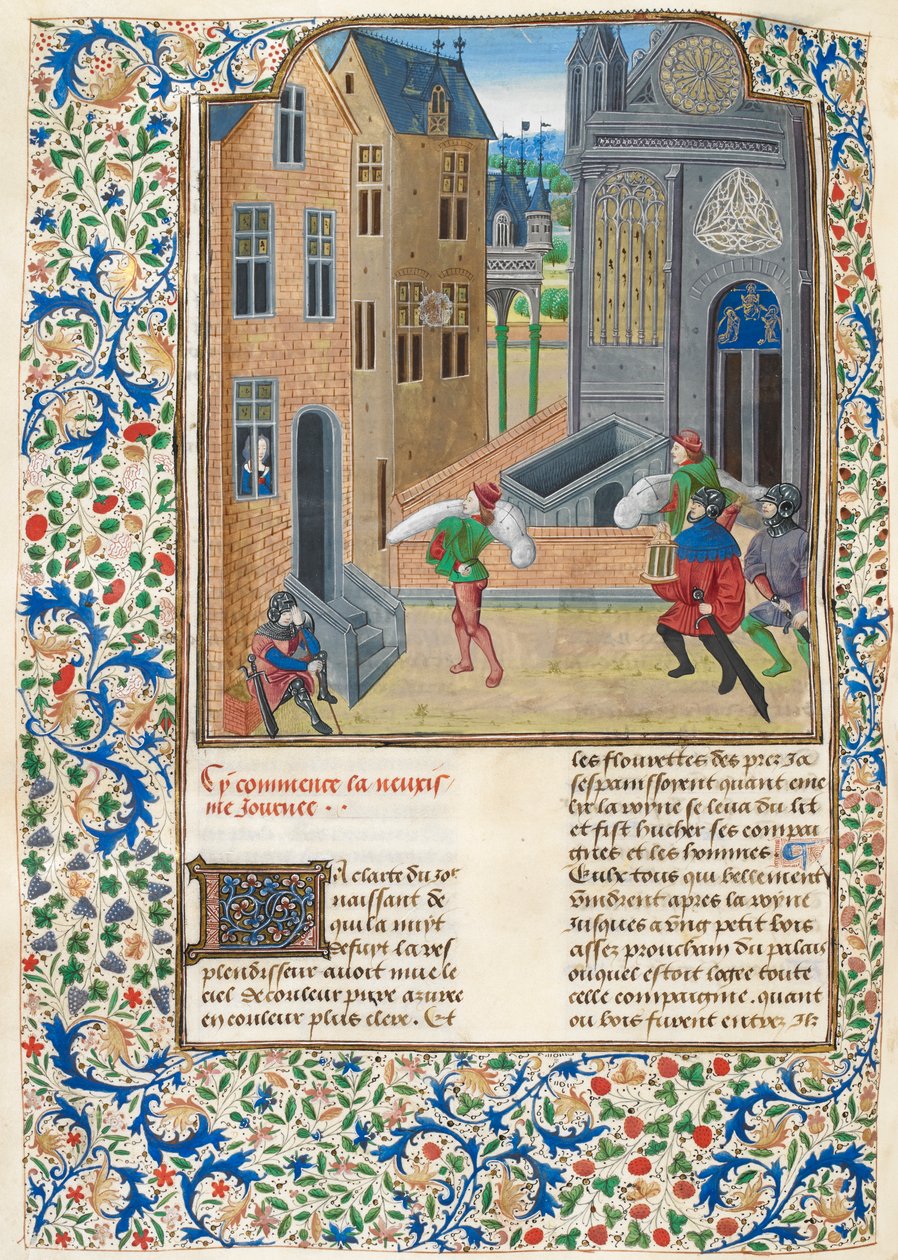 Lisätä. 35323 f.122v Käärittyjen ruumiiden kantaminen rakennukseen, kuva The Decameronista (vellum) tekijältä Boccaccio Boccaccino