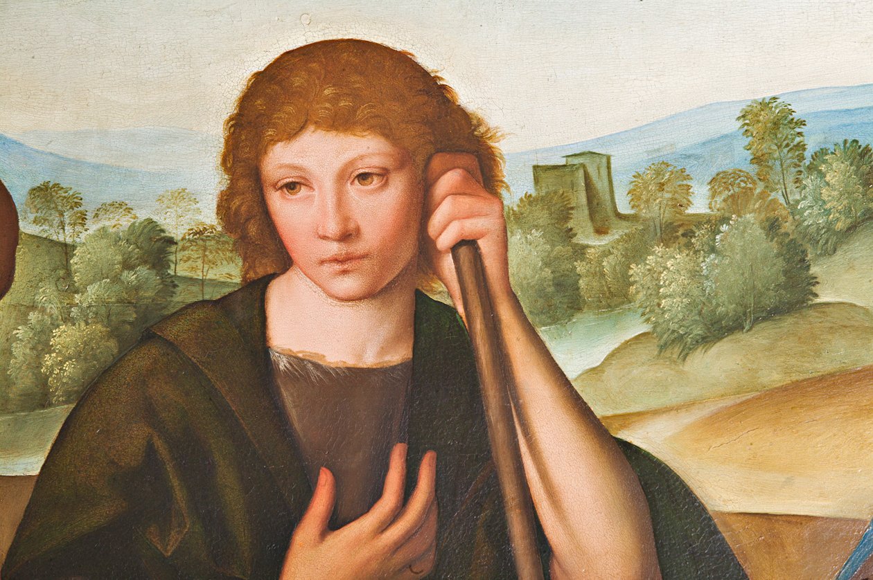 Paimenten palvonta Madonnan Jeesus-lapsen ja kahden paimenen kanssa, yksityiskohta numerosta 2384594 tekijältä Boccaccio Boccaccino