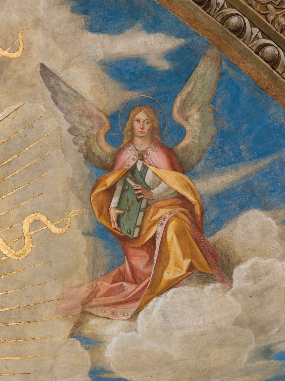 Apse, Catino Apse, Boccaccio Boccaccino, Pantokraattori pyhien joukossa Marcellino, Imerio, Omobono, Peter Exorcist, Yksityiskohta Enkeli oikealla tekijältä Boccaccio Boccaccino