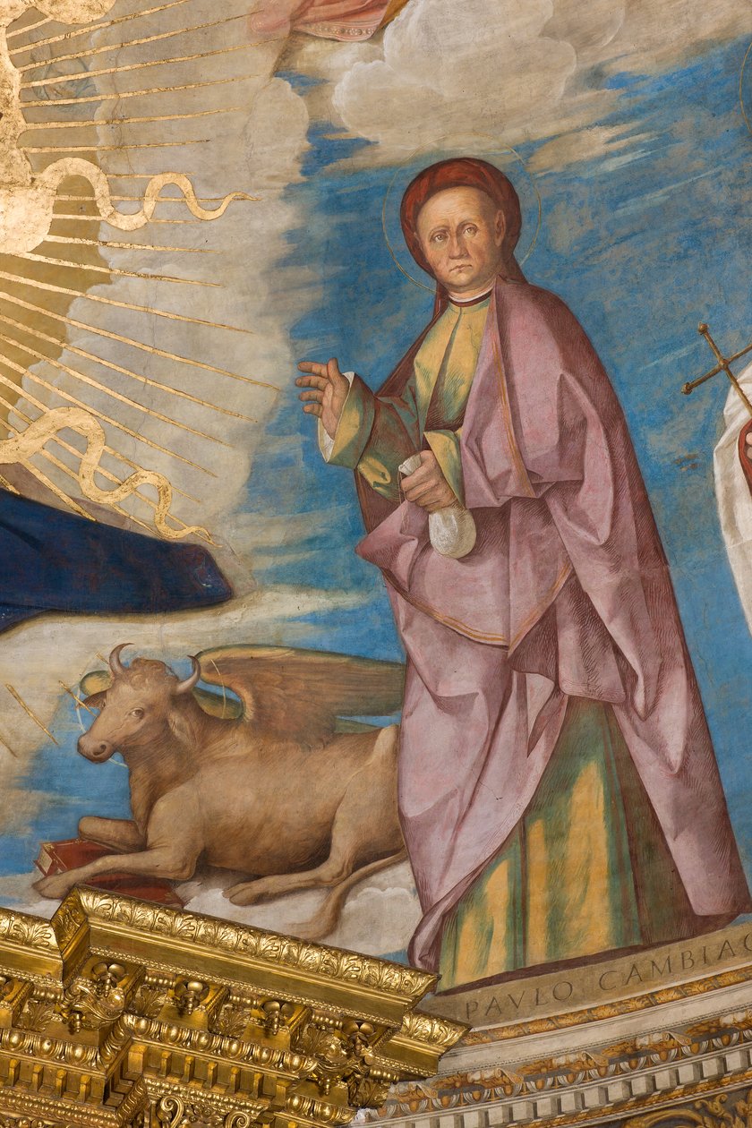 Apse, Catino Apse, Boccaccio Boccaccino, Pantocrator pyhien joukossa Marcellino, Imerio, Omobono, Peter Exorcist, Detail St. Omobono tekijältä Boccaccio Boccaccino