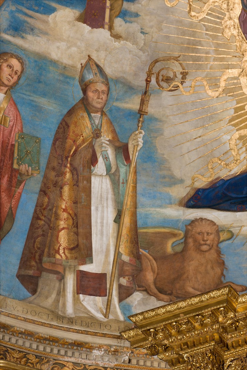 Apse, Catino Apse, Boccaccio Boccaccino, Pantocrator pyhien joukossa Marcellino, Imerio, Omobono, Peter Exorcist, Yksityiskohta St. Imeriosta tekijältä Boccaccio Boccaccino
