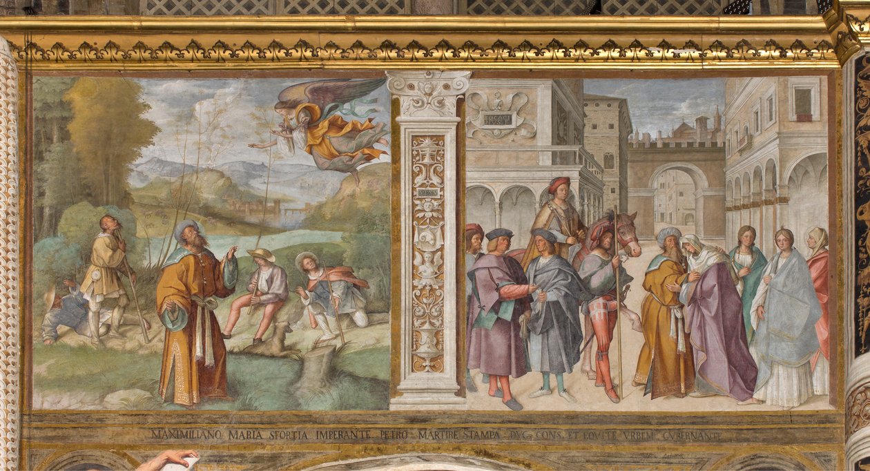 Keskilaivo, ensimmäinen pohjoinen jänne, ilmoitus Joachimille, Pyhän Joakimin ja Pyhän Annan tapaaminen Kultaisella portilla, Boccaccio Boccaccino 1514-15 tekijältä Boccaccio Boccaccino