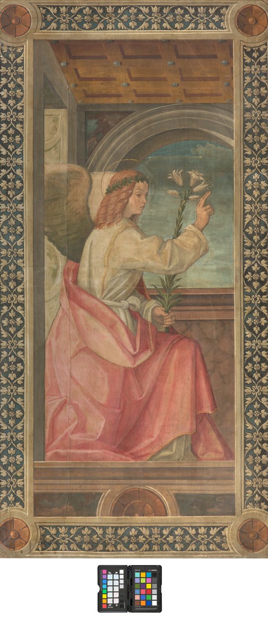 Contofacade eteläinen poikkisilta, Boccaccio Boccaccino, Enkelin julistusyksityiskohta, XVI vuosisadan alku, Fresko repeytynyt tekijältä Boccaccio Boccaccino