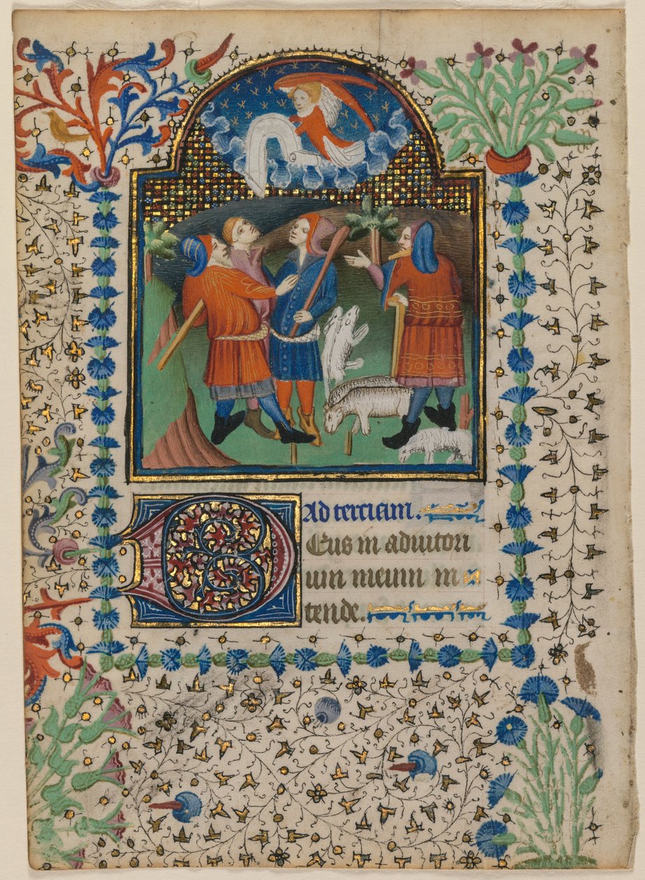 Lehti tuntikirjasta: Ilmoitus paimenille (recto) tekijältä Boethius Illuminator