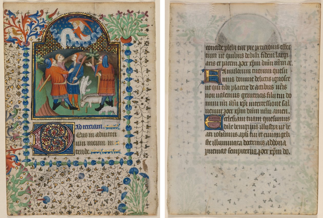Lehti tuntikirjasta: Ilmoitus paimenille (recto) ja teksti (käänteinen) tekijältä Boethius Illuminator