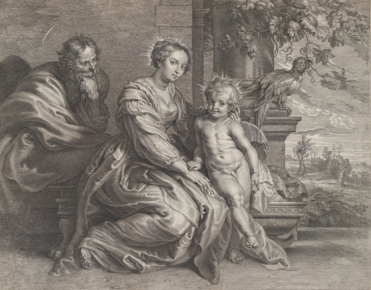 Pyhä perhe papukaijan kanssa, n. 1625-59. tekijältä Boetius Adams Bolswert