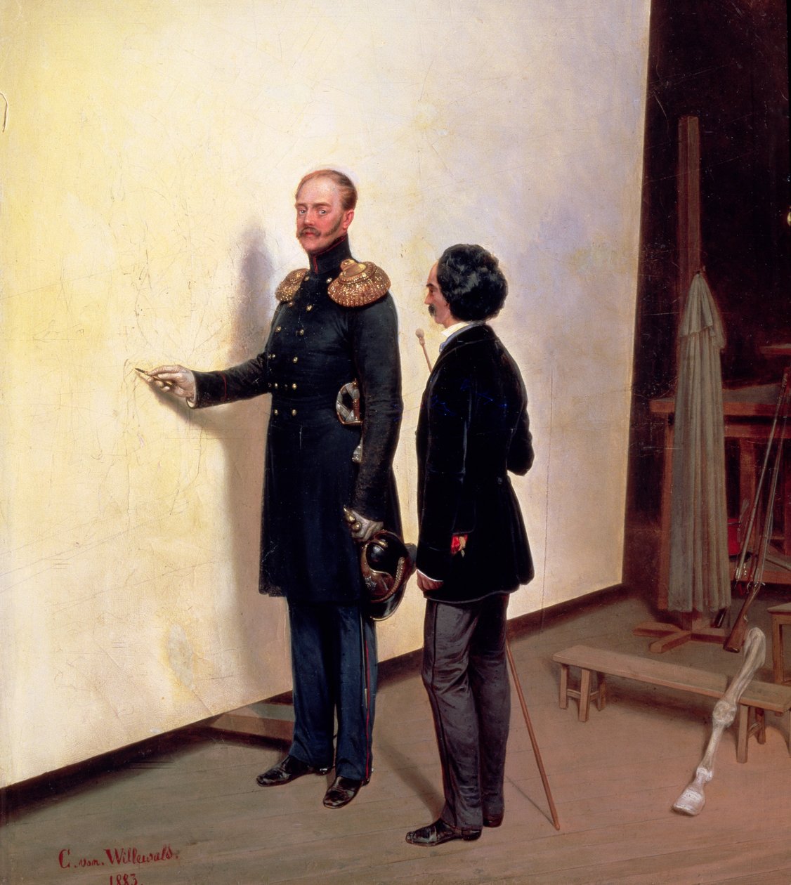 Tsaari ja taiteilija - Nikolai I (1796-1855) Taiteilijaateljeessa, 1883 tekijältä Bogdan Pavlovich Villeval