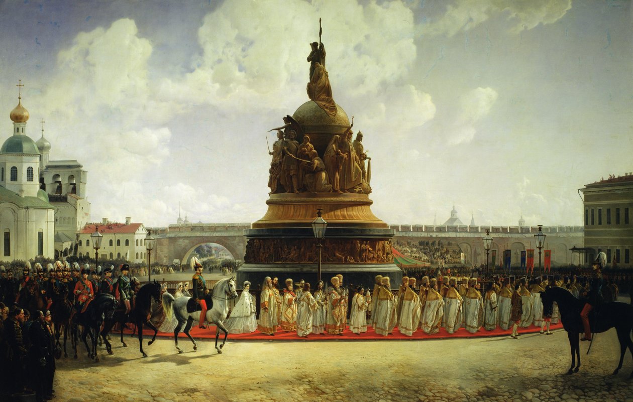 Venäjän tuhatvuotisjuhlan muistomerkin vihkiminen Novgorodissa 1862, 1864 tekijältä Bogdan Willewalde