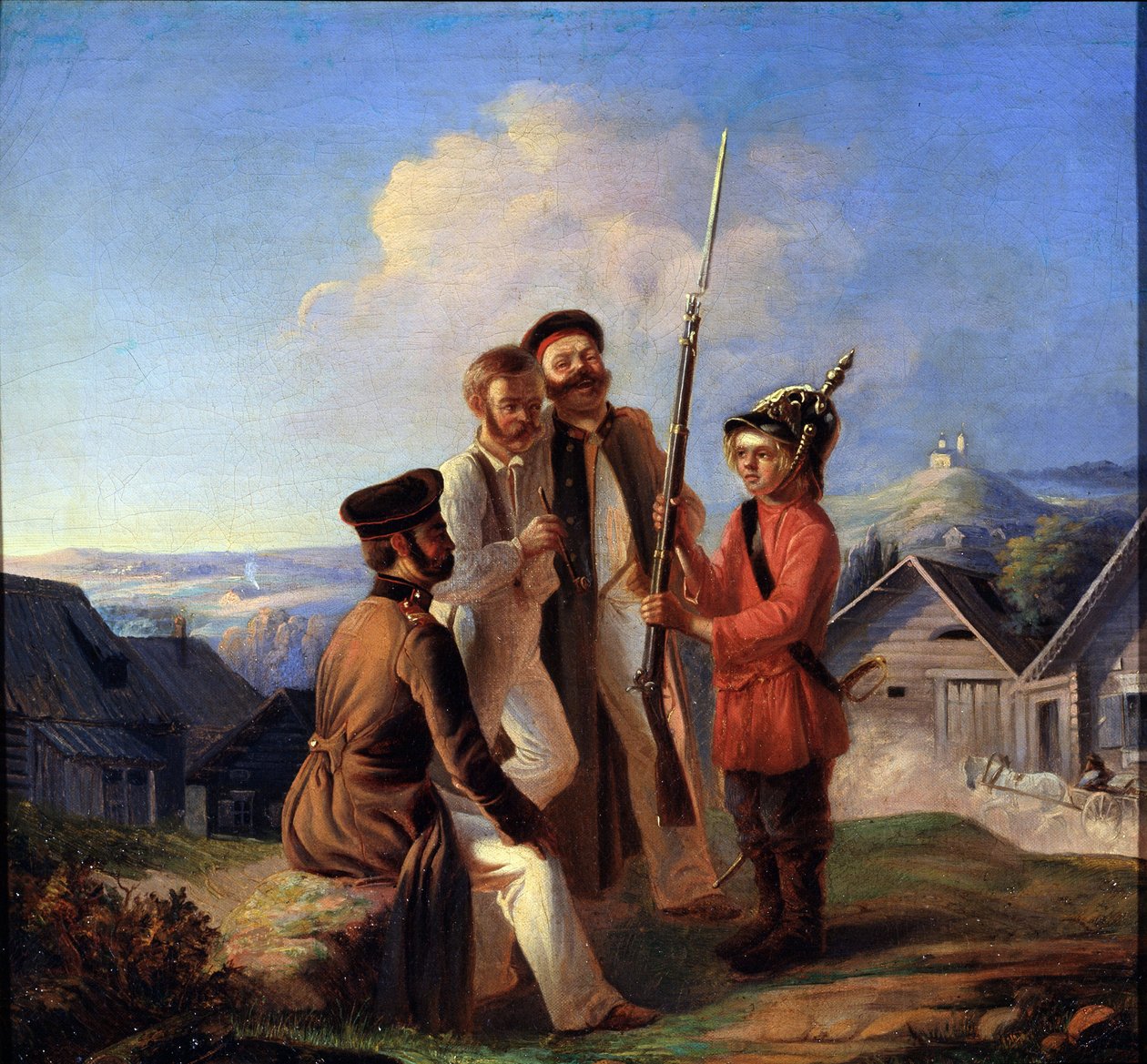 Sotilasasutus. Sotilaat pilkkaavat nuorta poikaa, jolle he antoivat kypärän ja aseen. Bogdan Bogdanovich Greimin (noin 1827-1885) maalaus öljy kankaalle. 1800-luvun venäläinen taide. Tasavallan valtion taidemuseo Kar tekijältä Bogdan Bogdanovic Greim